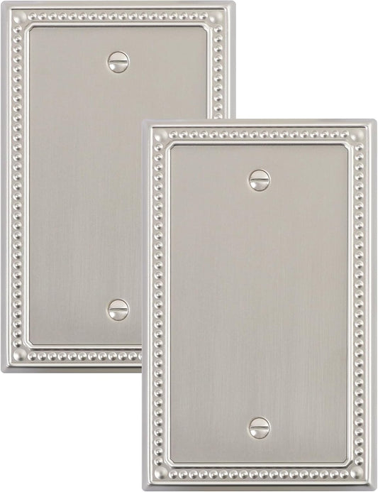 2-Pack Blank Outlet Cover Wall Plate, Metal Switch Plates Outlet Covers, Brushed Nickel Pearls Beaded Decorative Wall Plates