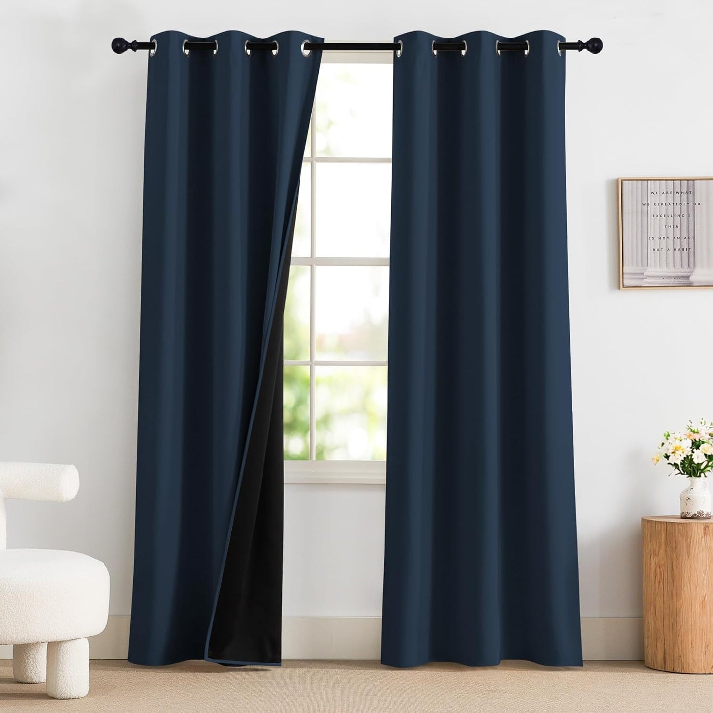 NICETOWN Farmhouse Curtains Thermal Insulated 100% Blackout Drapes Window Treatment Long Grommet Light Blocking Curtain for Living Room Bedroom, 2 Panels, 42 x 84 inch Length, Navy