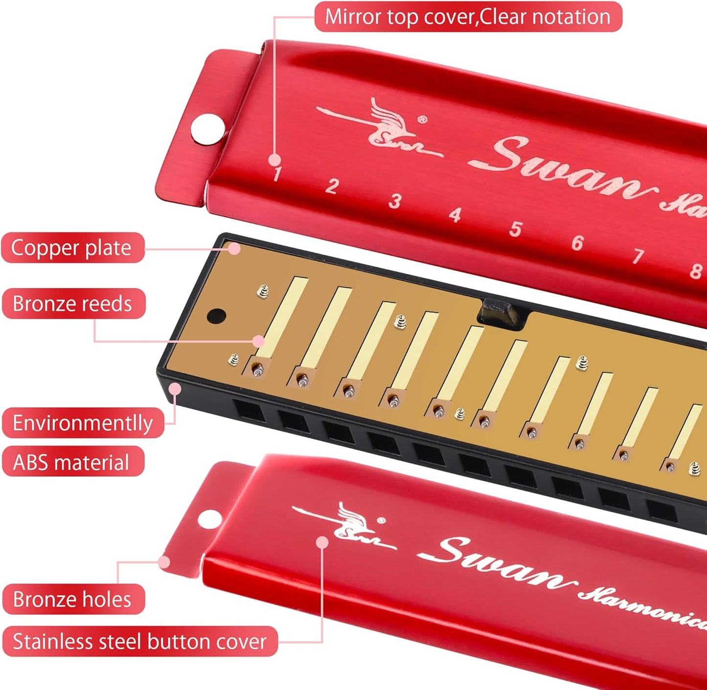 SWAN Blues Harmonica Key of C Mouth Organ Diatonic Harmonica with Case, 10 Hole 20 Tones Stainless Blues Harp for Adults, Beginners(Burgundy Red)