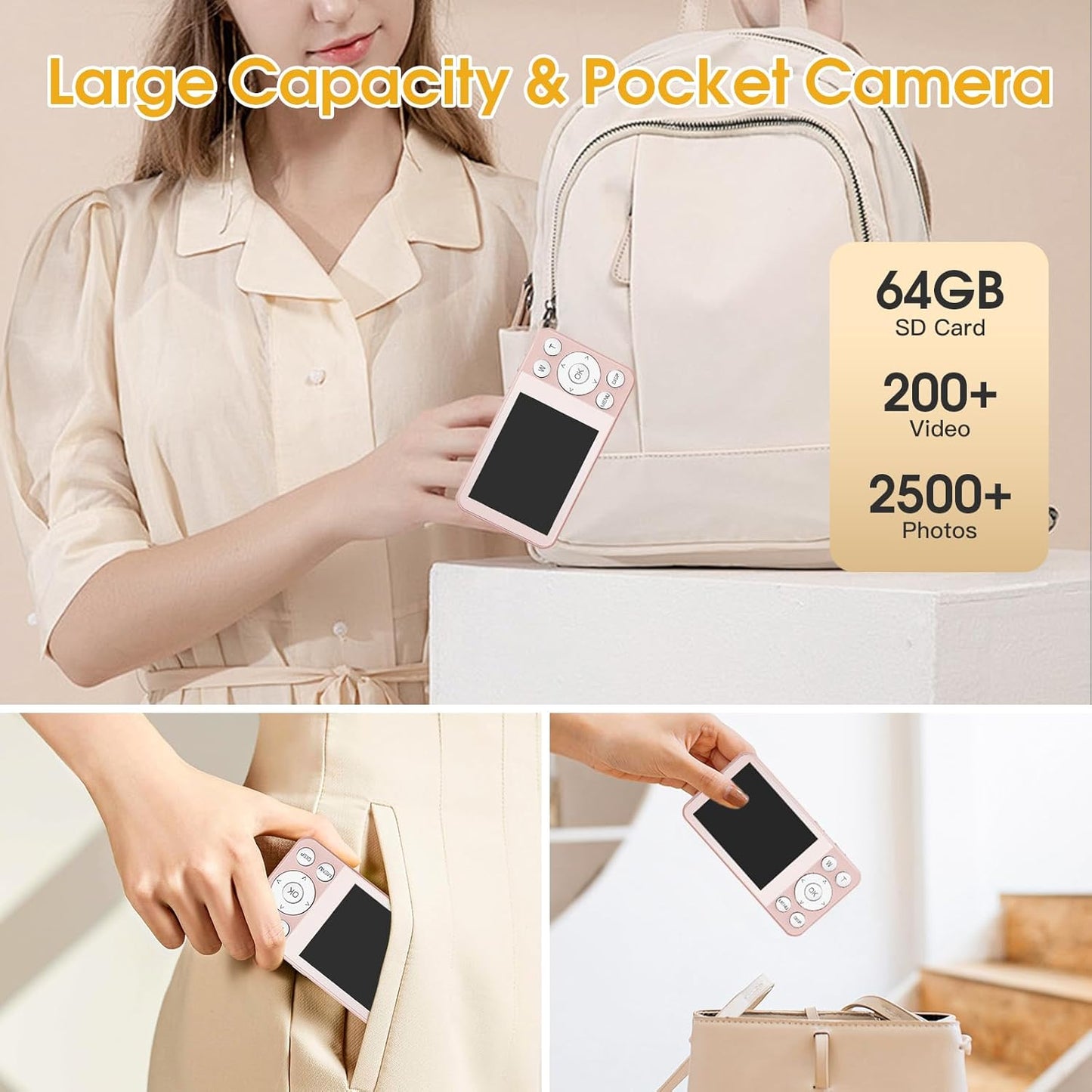 4K Digital Camera for Teens, FHD 64MP Digital Camera for Kids with 64GB SD Card, 18X Digital Zoom Cameras for Photography, Point and Shoot Video Camera for Kids, Pink