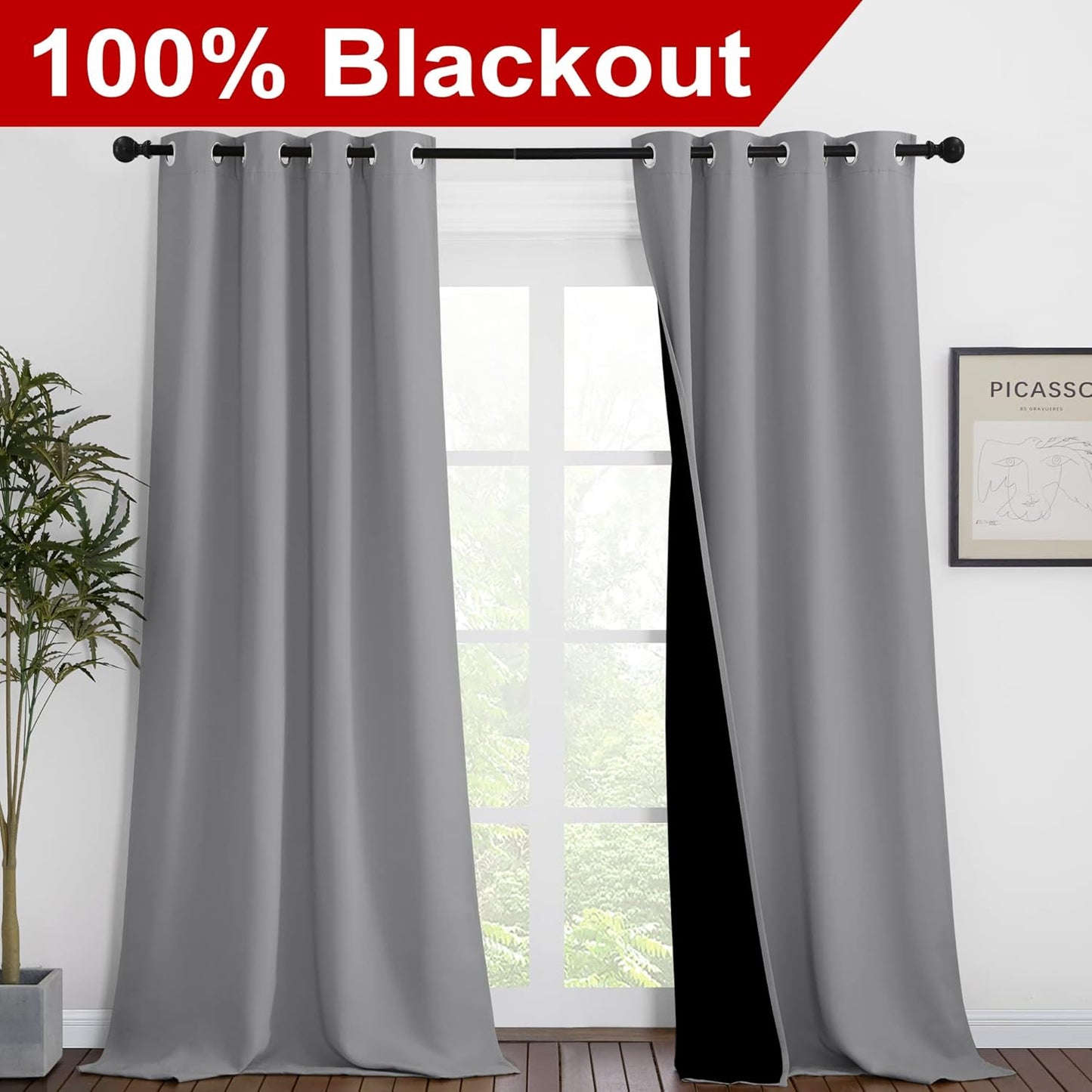 NICETOWN Total Shade Curtains and Draperies, Heavy-Duty Full Light Shading Drapes with Black Liner Backing for Villa/Hall/Dorm Window（Silver Grey, Package of 2 Panels, 46 inches Wide x 90 inches Long