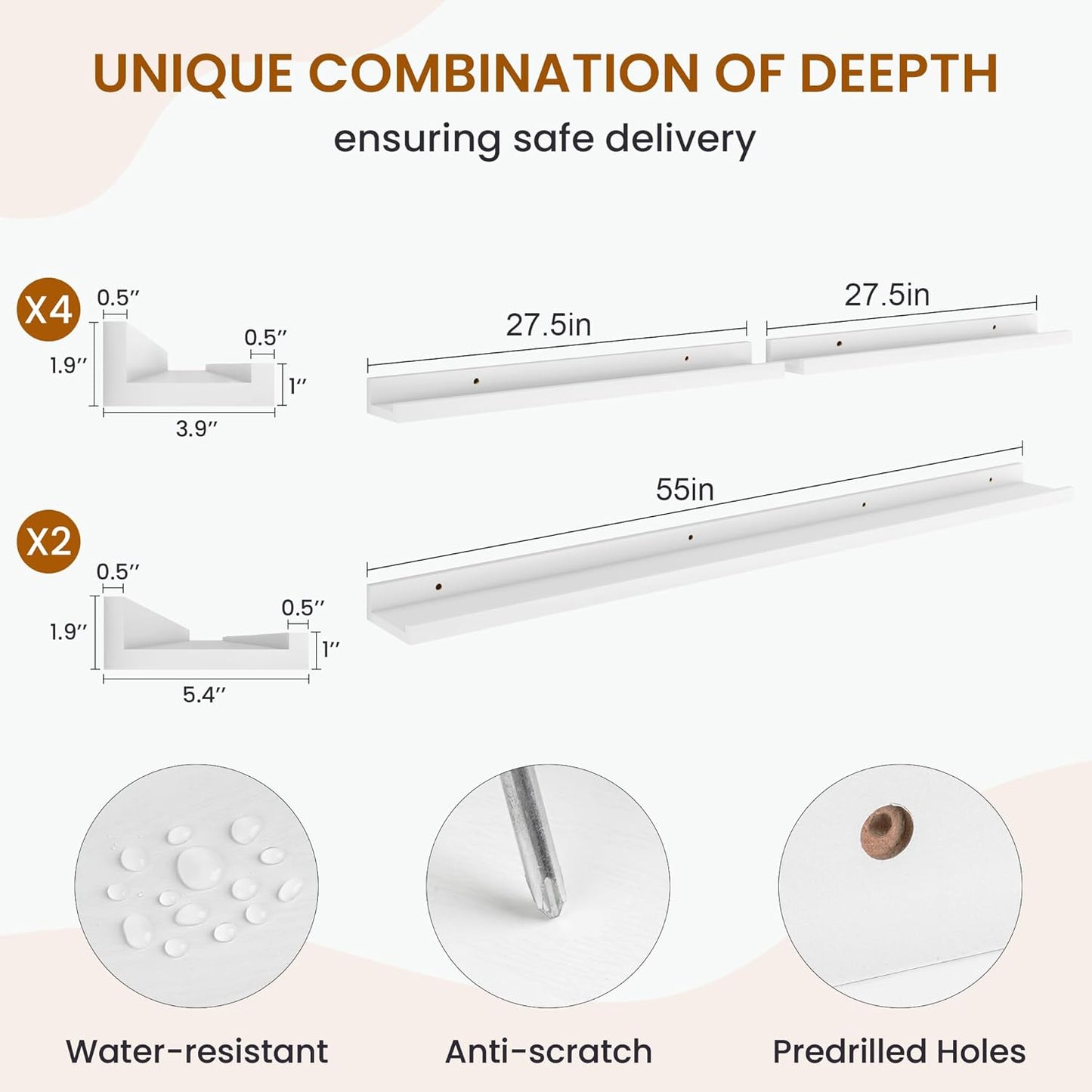 Axeman Picture Ledge Shelf, Floating Shelves for Wall Decor Storage Set of 6, 55 inch Floating Wall Mounted Shelves, Wall Shelves with Lip for Living Room, Bedroom, Nursery, Bathroom, Kitchen, White