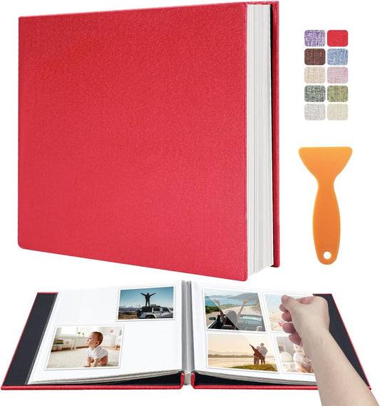 Large Photo Album Self Adhesive Scrapbook Album for 4×6 5×7 8×10 Pictures DIY Magnetic Linen Cover Album 40 Pages for Family Wedding Gifts with Metal Pen and Plastic Board, Dark Red