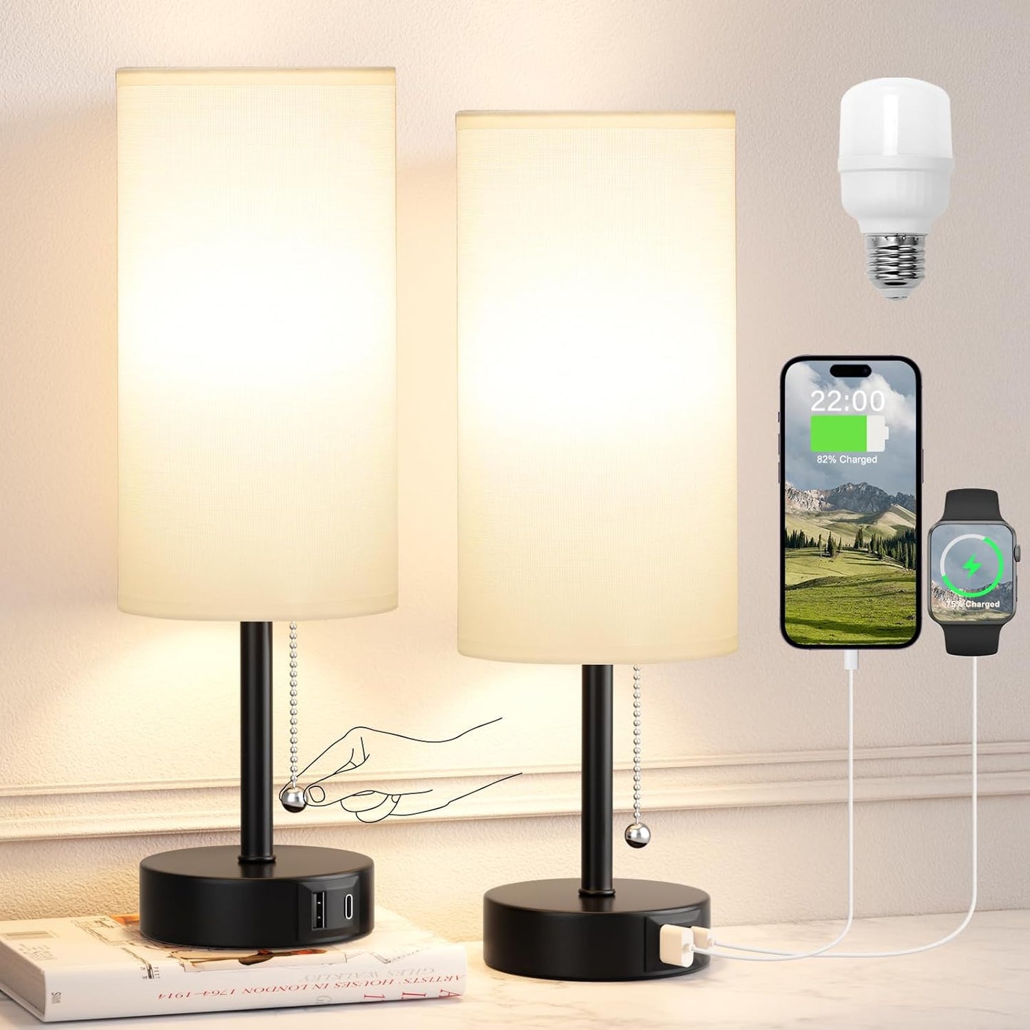 White Bedside Lamps for Bedroom Set of 2 - Nightstand Table Lamp with USB A + C Charging Port, 3 Color Temperatures Pull Chain Night Stand Light, Side Table Desk Reading Lamp for Living Room/Dorm