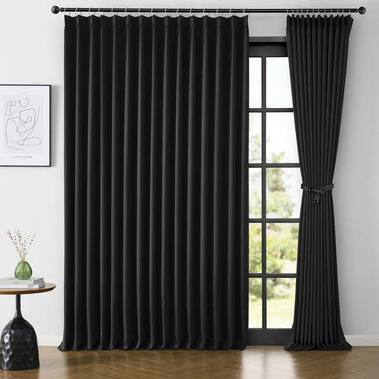 KEQIAOSUOCAI Extra Wide Black Pinch Pleated Curtains 100 x 84, Thermal Insulated Noise Cancelling Living Room Drapes 84 inches Long, Patio Sliding Glass Door Window Curtain 2 Panels