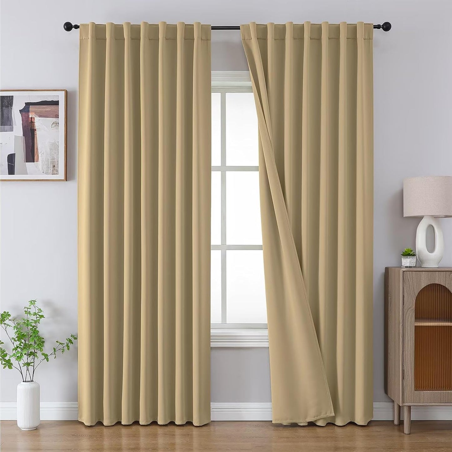 Joydeco 90 Inch Blackout Curtains for Bedroom, Thermal Insulated Black Out Curtains 2 Panels Se, Room Darkening Drapes for Living Room Window Rod Pocket Back Tab (W52 x L90 Inch, Beige)