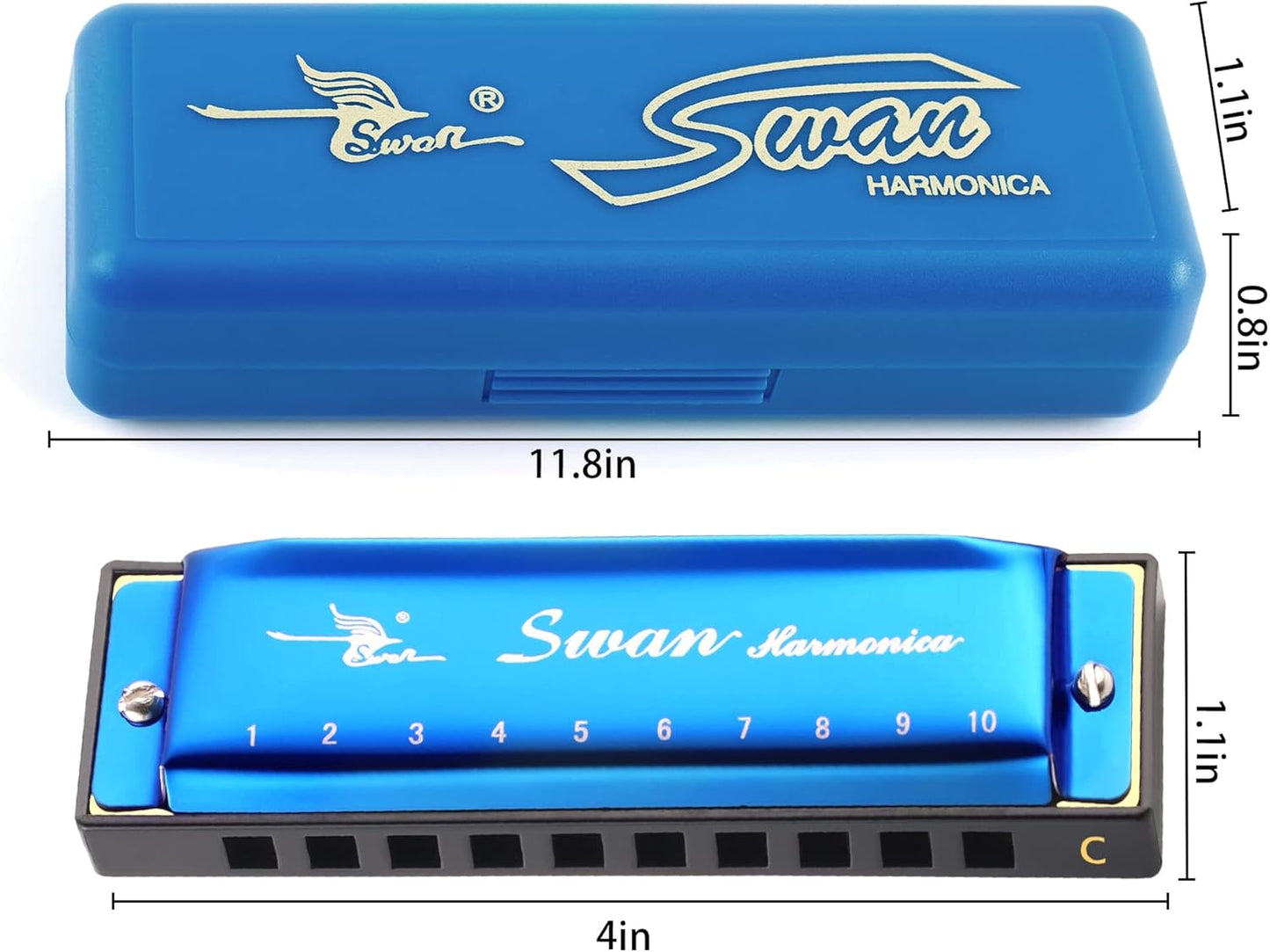 SWAN Blues Harmonica Key of C Mouth Organ Diatonic Harmonica with Case, 10 Hole 20 Tones Stainless Blues Harp for Adults, Beginners and Professional (Sapphire Blue)