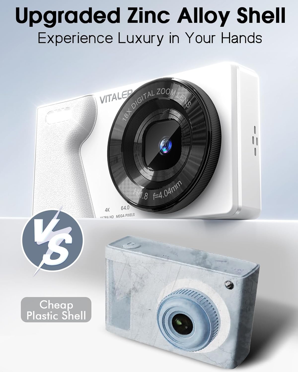 Digital Camera with Front Rear Lens, Autofocus 64MP 4K Camera for Photography with 32GB Card, Portable Compact Point and Shoot Camera for Teens Adult Beginner with Metal Shell, 2000mAh Battery