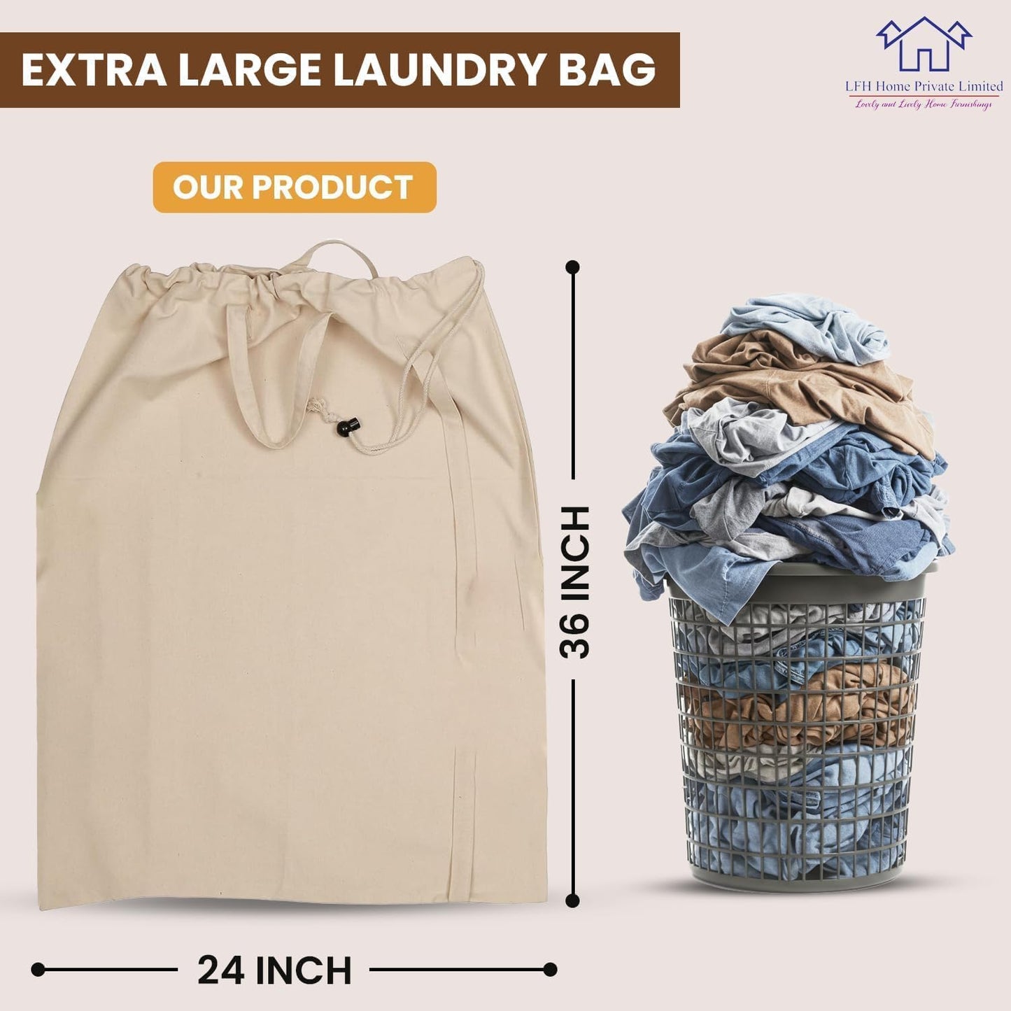 LFH Home Large Premium 100% Cotton Canvas Laundry Bag with Drawstring and Handles Heavy Duty, Multi-Use, and Washable for Home, Travel, College or Storage 24x36 (Pack of 6)-Natural