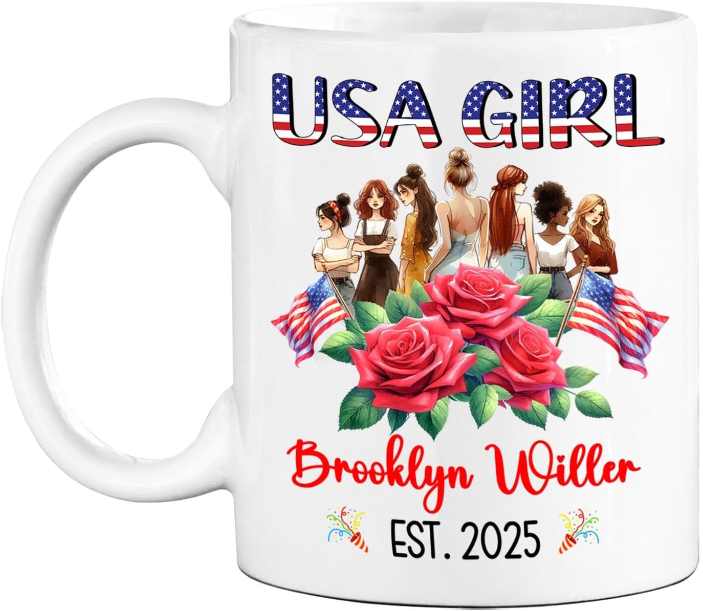 Customized USA Girl Coffee Cup Gift For Women Mom Sister US Citizenship, Lovely American Girl White Coffee Mug, Personalized Name And Year On American Citizen Mug, Citizenship Celebration Cup 11 15Oz