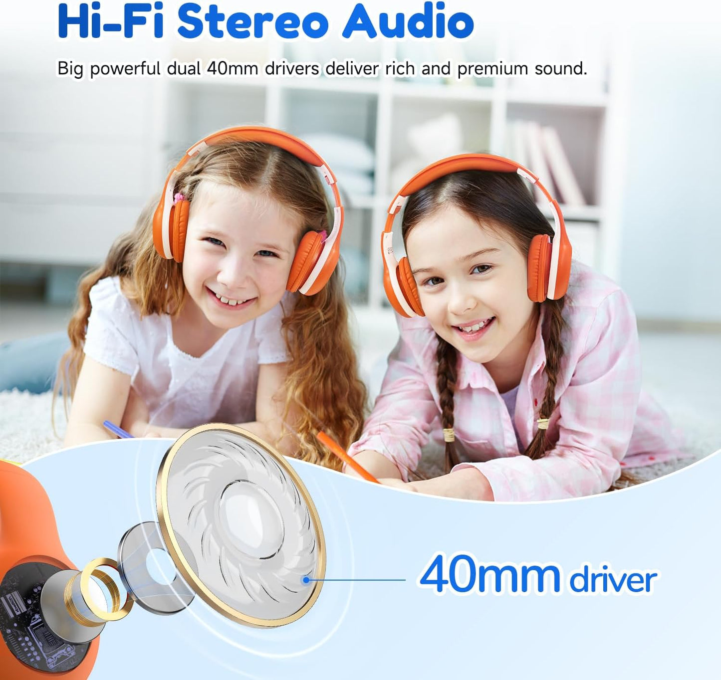EarFun K2 Kids Bluetooth Headphones, Kids Headphones with Volume Limited, 40H Playtime, Built-in Mic, Stereo Sound, Foldable Over-Ear Headphone for School/Travel/iPad/Tablet, Orange
