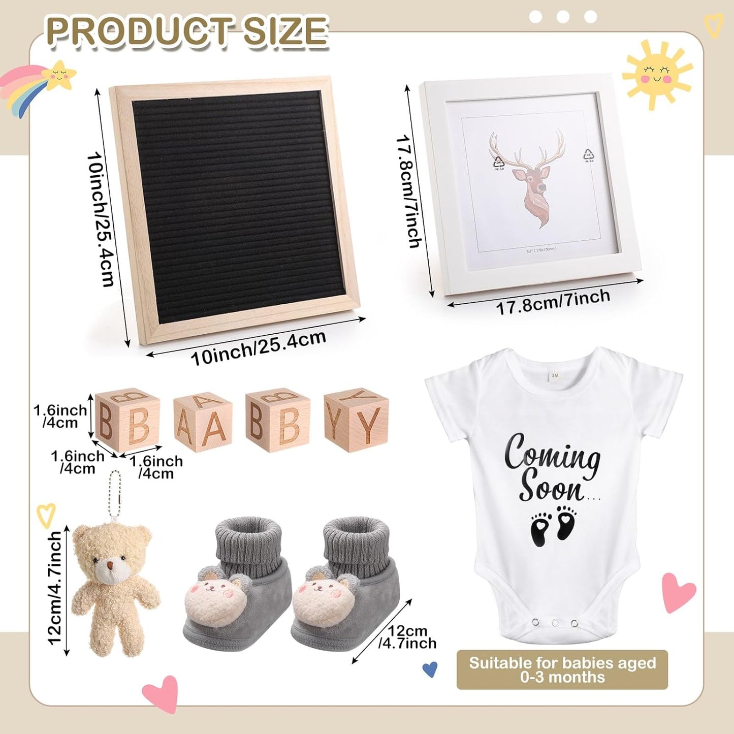 9 Pcs Pregnancy Announcement Set Pregnancy Reveal Ideas Felt Letter Board Baby Bodysuit Booties Photo Frame Bear Plush Wood Blocks for Coming Soon Baby Announcement(Black)