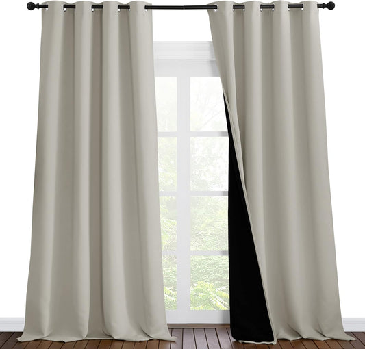 NICETOWN Full Shading Curtains 96 inches Long 2 Panels Set for Windows, Super Heavy-Duty Black Lined Blackout Curtains for Bedroom, Privacy Assured Window Treatment (Natural, Pack of 2, 55 inches W)