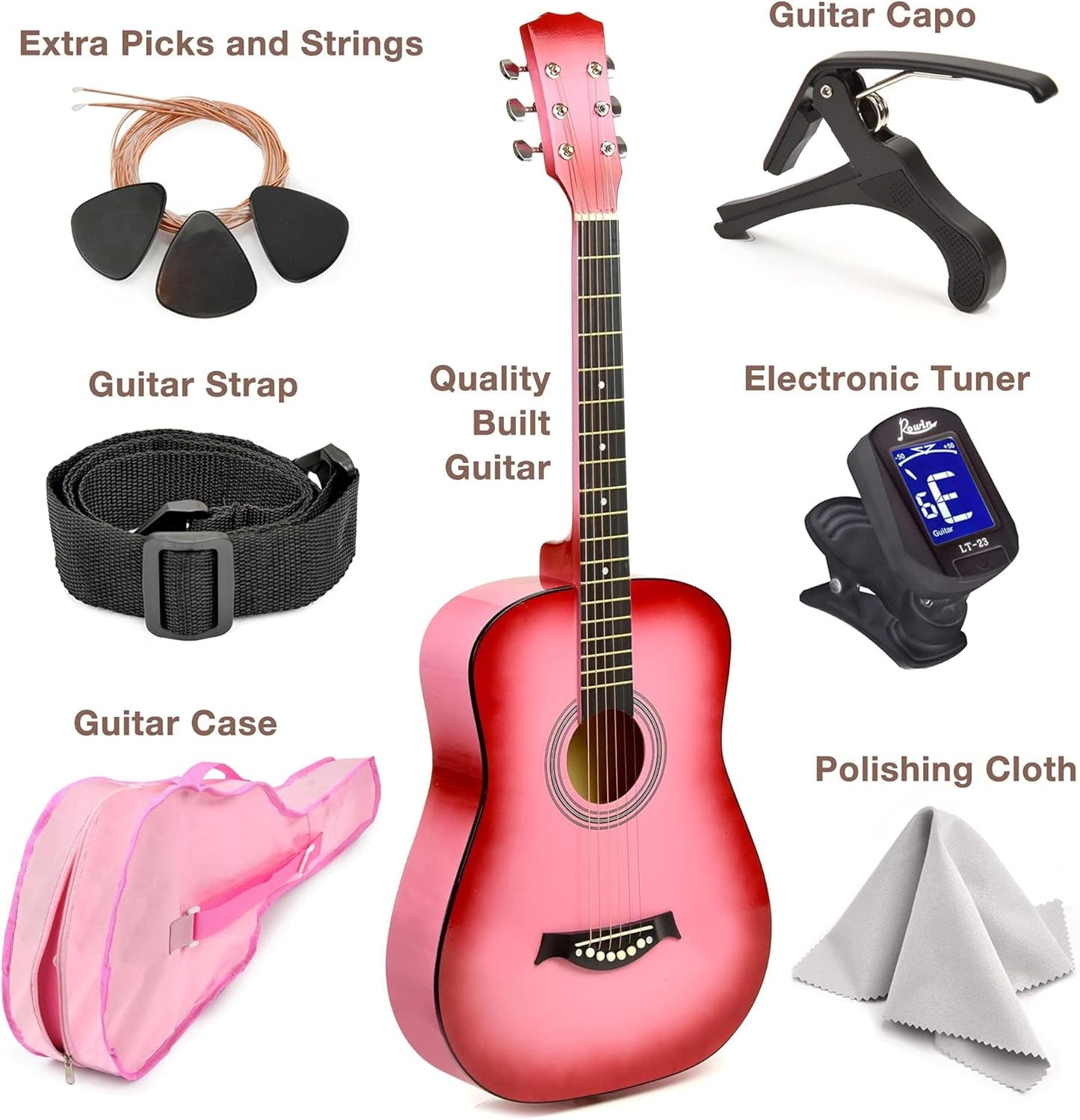 Classical Acoustic Guitar For Kids By MasterPlay- 30” Beginner Guitar For Learners- Accoustic String Starter Kit: Guitar Bag, Tuner, Strap, Extra Strings, Picks, Wash Cloth, Capo (Pinkburst)