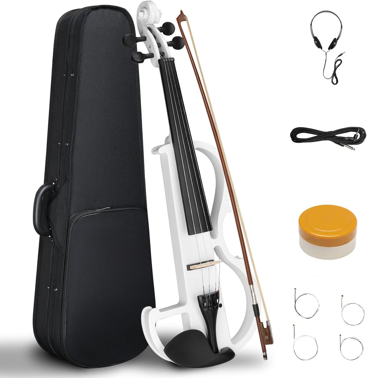 Electric Violin 4/4 Kit,Full Size Beginner Violin for Adults,Students,with Case,Bow, Rosin,Headphones,and Connecting Line,White