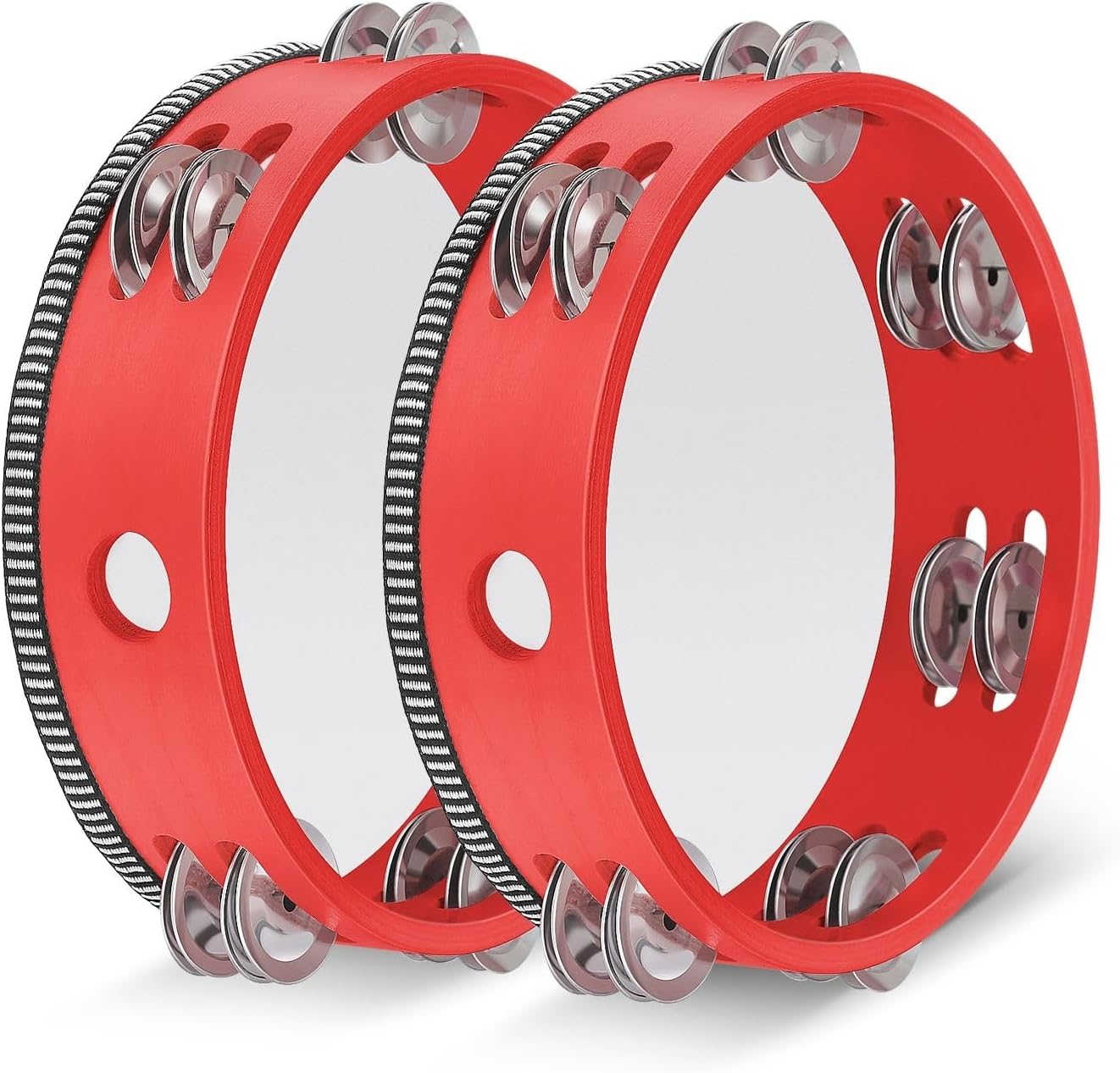 Flexzion Wood Handheld Tambourine (2 Pack) 8 Inch Double Row 12 Pair Jingles, Hand Held Percussion Drum Moon Musical Instrument with Metal Bell