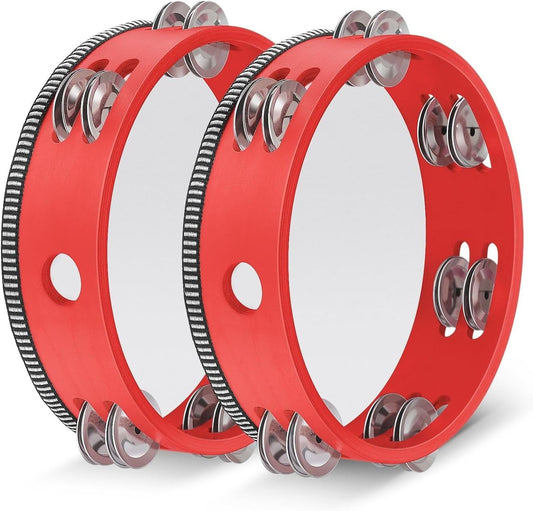 Flexzion Wood Handheld Tambourine (2 Pack) 8 Inch Double Row 12 Pair Jingles, Hand Held Percussion Drum Moon Musical Instrument with Metal Bell