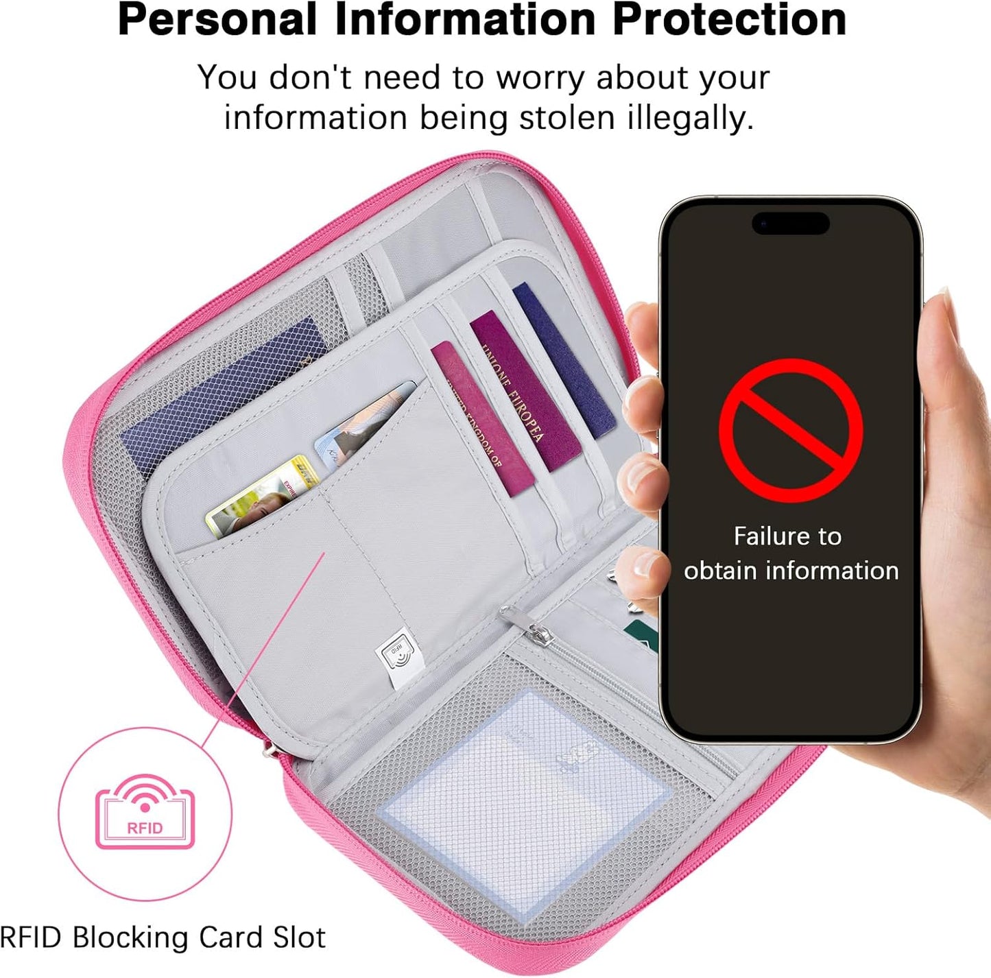 MoKo Passport Holder Family for Men and Women, RFID Travel Passport Wallet with Multiple Compartments, Travel Document Organzier for Cards, ID, Tickets, Keys, Pink