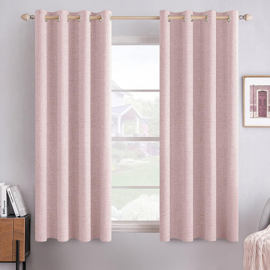 MIULEE Linen Texture Curtains for Bedroom Solid 100% Blackout Thermal Insulated Pink Curtains Grommet Room Darkening Drapes for Living Room Nursery 52x54 Inch (2 Panels)