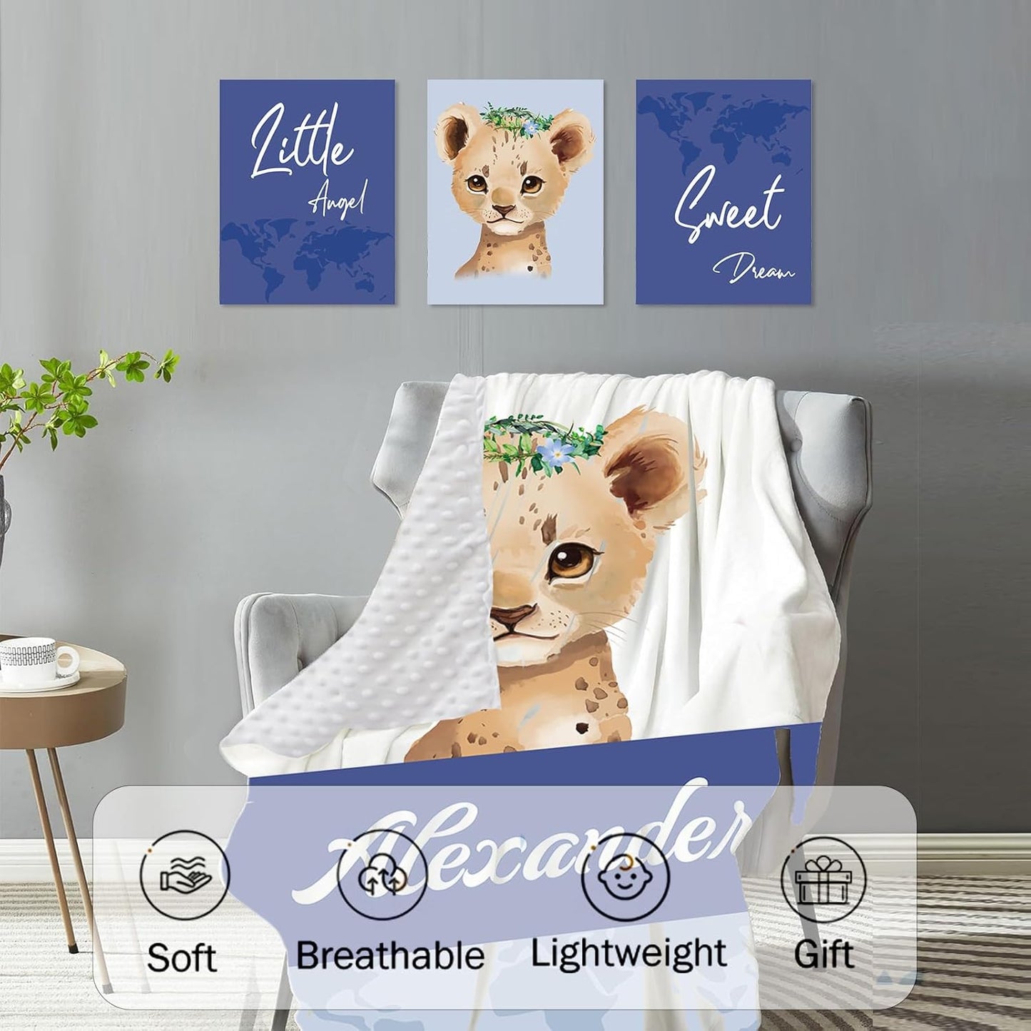 Personalized Baby Crib Bedding Set for Baby Boys Girls, Blue Leopard Pattern Custom Name Baby Crib Sets 5-Pcs, Toddler Double Layer Blanket Fitted Sheets Changing Pad Cover Rug Wall Art Set