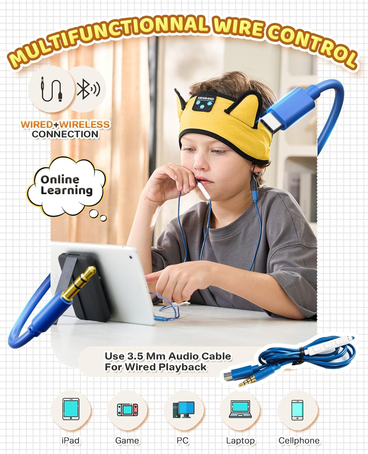 KIDSBAND Kids Headphones, Baby Headphones for Plane, Bluetooth Headphones Headband for Kids with Wired Playback 3.5 MM Jack for School Girls Boys Children,Kindle Tablet Cellphones Airplane Travel