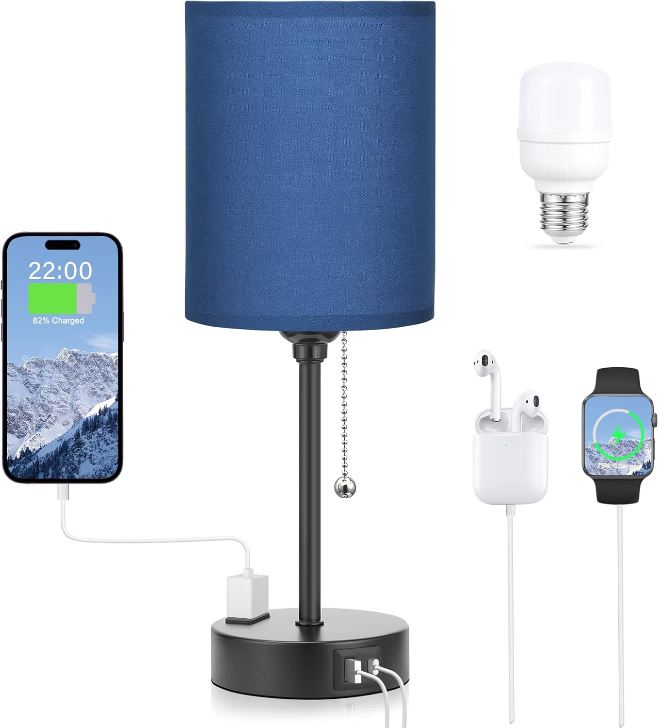 Blue Table Lamps 3 Color Temperatures - 2700K 3500K 5000K Bedside Lamps with USB C and A Ports, Pull Chain Lamps for Bedrooms with AC Outlet, Nightstand Lamps with Black Metal Base for Kids Boys