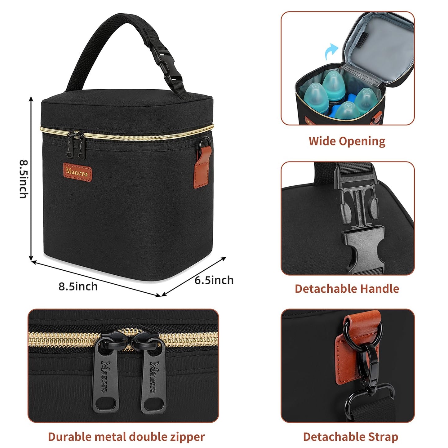 Mancro Breastmilk Cooler Bag Travel, Fits 4 Baby Bottles Up to 9 Ounce, Baby Bottle Bag with Ice Pack, Insulation Breast Milk Cooler Travel, Black