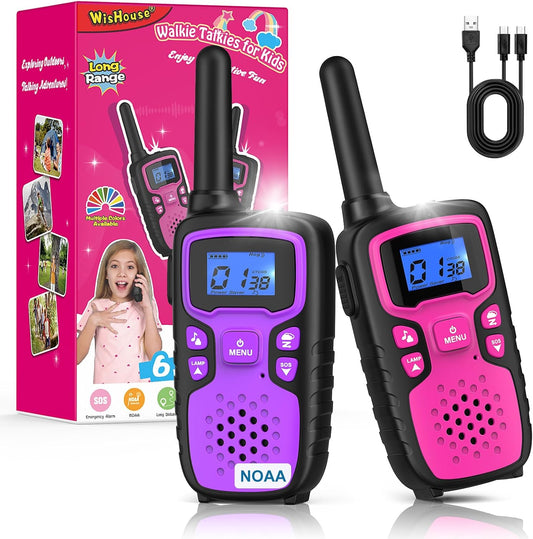 Wishouse Walkie Talkies for Kids Rechargeable Long Range,Xmas Birthday Gift for 4 5 6 7 8 9 Year Old Girls,Hiking Gear Camping Games Cool Toys with NOAA,SOS Siren,Lamp,Lanyards,Easy to Use,2 Pack