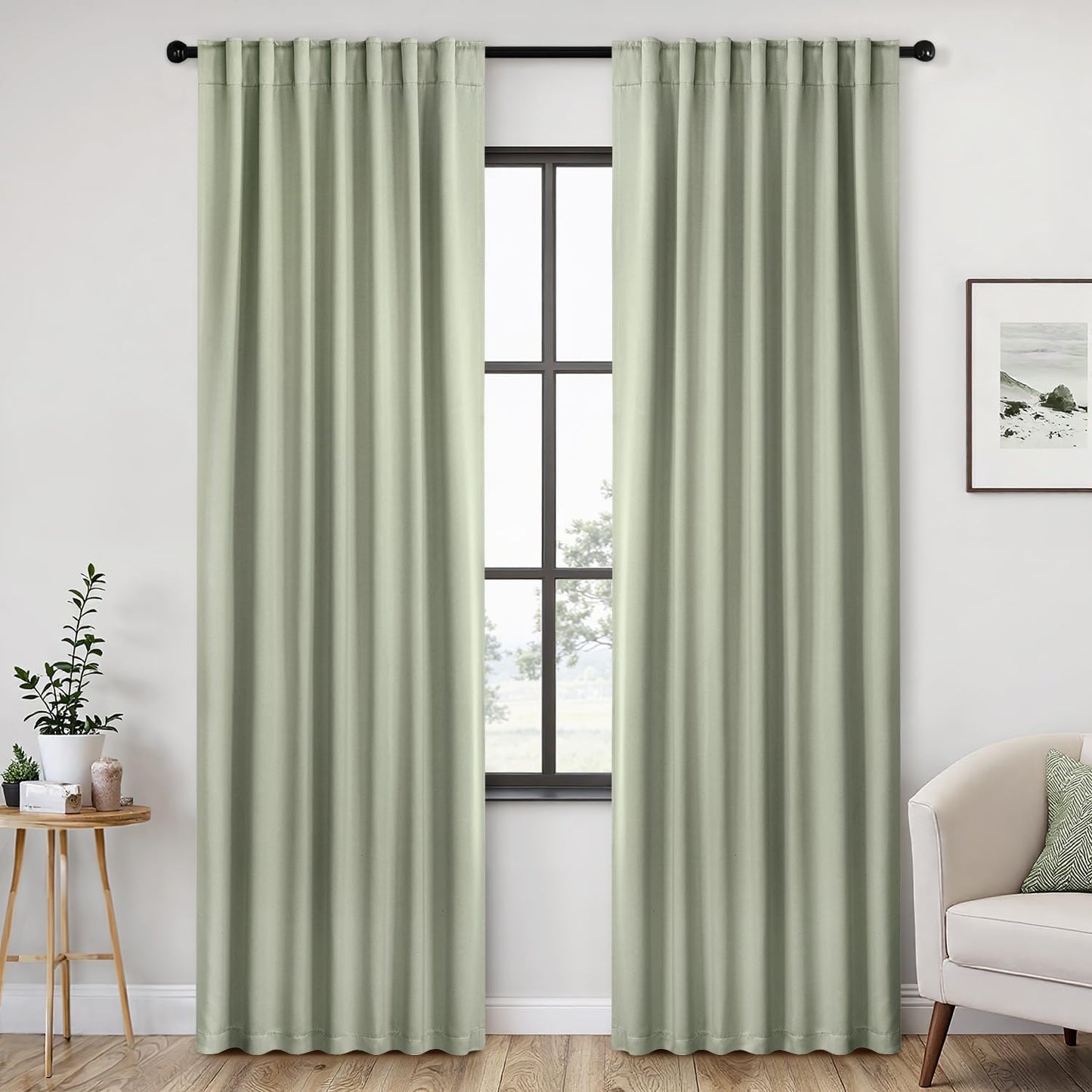 ANRODUO Sage Green Room Darkening Curtains 84 Inch Long 2 Panels Set Thermal Insulated Blackout Drapes with Hooks, Rings, Clips - Light Blocking & Soundproof, Soft Fabric Machine Washable