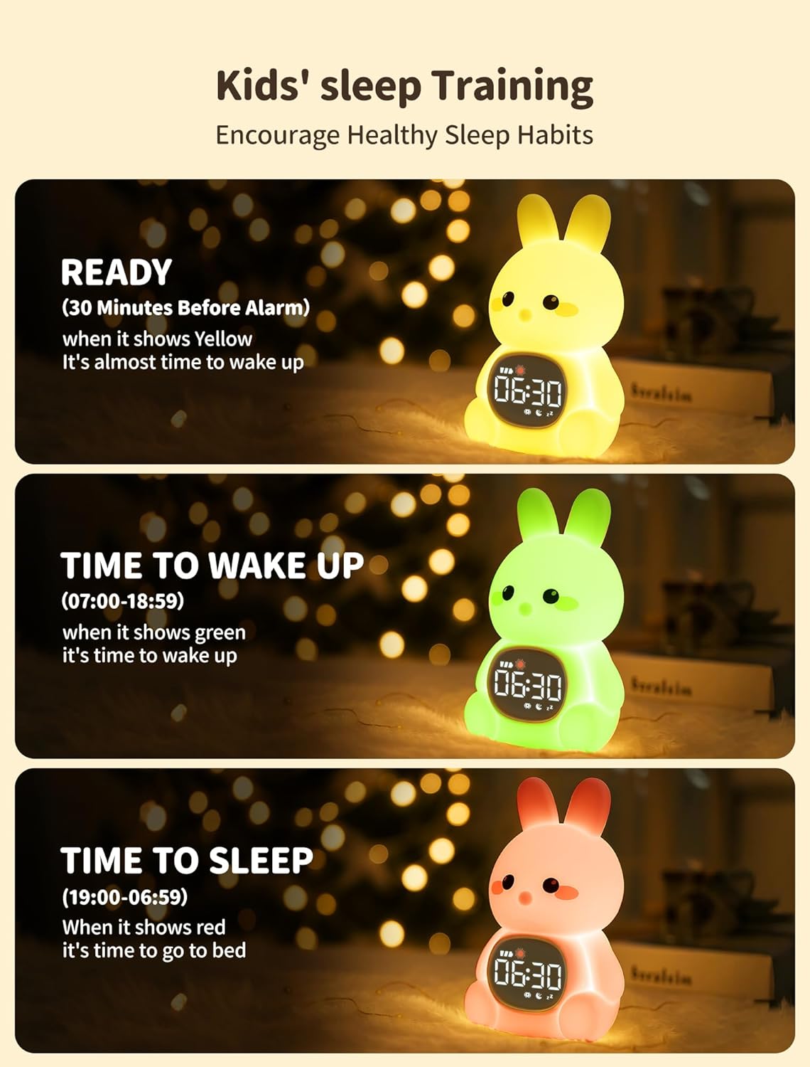 MASHI Bunny Alarm Clock, Toddler Sleep Training Clock with Sun & Moon, Sleep Sound Machine, Night Lights, Alarm Clock for Kids, Gift Ideas for Kids Child