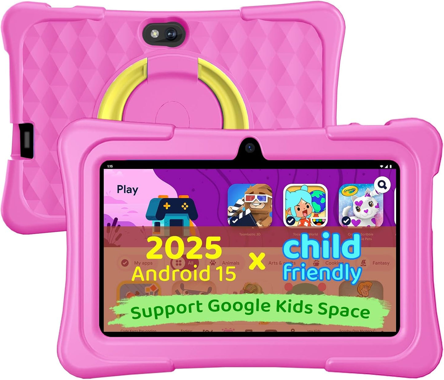 Kids Tablet, 7 inch Android 15 Tablet for Kids, 8GB+32GB 1TB Expand, Quad-Core Toddler Tablets with Shockproof Case, BT5.0, WiFi 5, Parental Control, Games, Dual Camera (Pink)