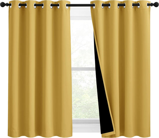 NICETOWN 100% Blackout Blinds, Set of 2, 46 inches x 45 inches, Laundry Room Decor Window Treatment Curtains for Large Patio Sliding Door, Thermal Insulated Bright Yellow Curtains for Bedroom