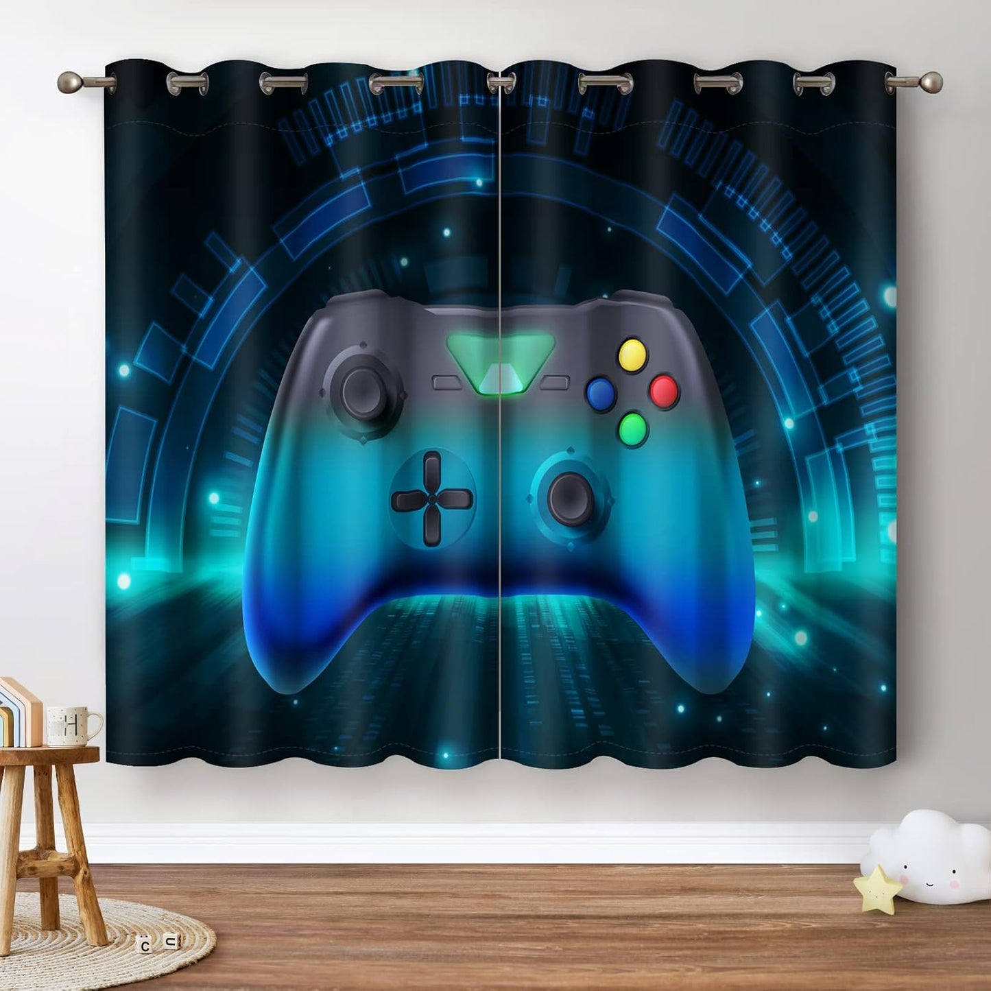 Jekeno Game Controller Blackout Curtains for Kids Boys Teens Bedroom Colorful Video Game Gamer Gaming Gamepad Decor for Home Living Room Grommet Window Drapes 2 Panel Set, 42"x54"