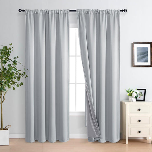 XWZO 100% Blackout Curtains - Heat and Full Light Blocking Drapes with Black Liner for Bedroom/Laundry Room, Rod Pocket Window Panels with Tiebacks, Light Grey, W60 x 84, Set of 2