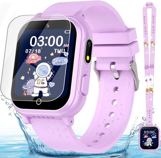 Kids Smart Watch Gift for Girls Ages 3-12, IP67 Waterproof, 32 Puzzle Games, HD Touchscreen Dual Camera Vedio Pedometer Music Player, Kids Watch Toy Birthday Gifts for Girls Ages 5 6 7 8 9 10 (Purple)