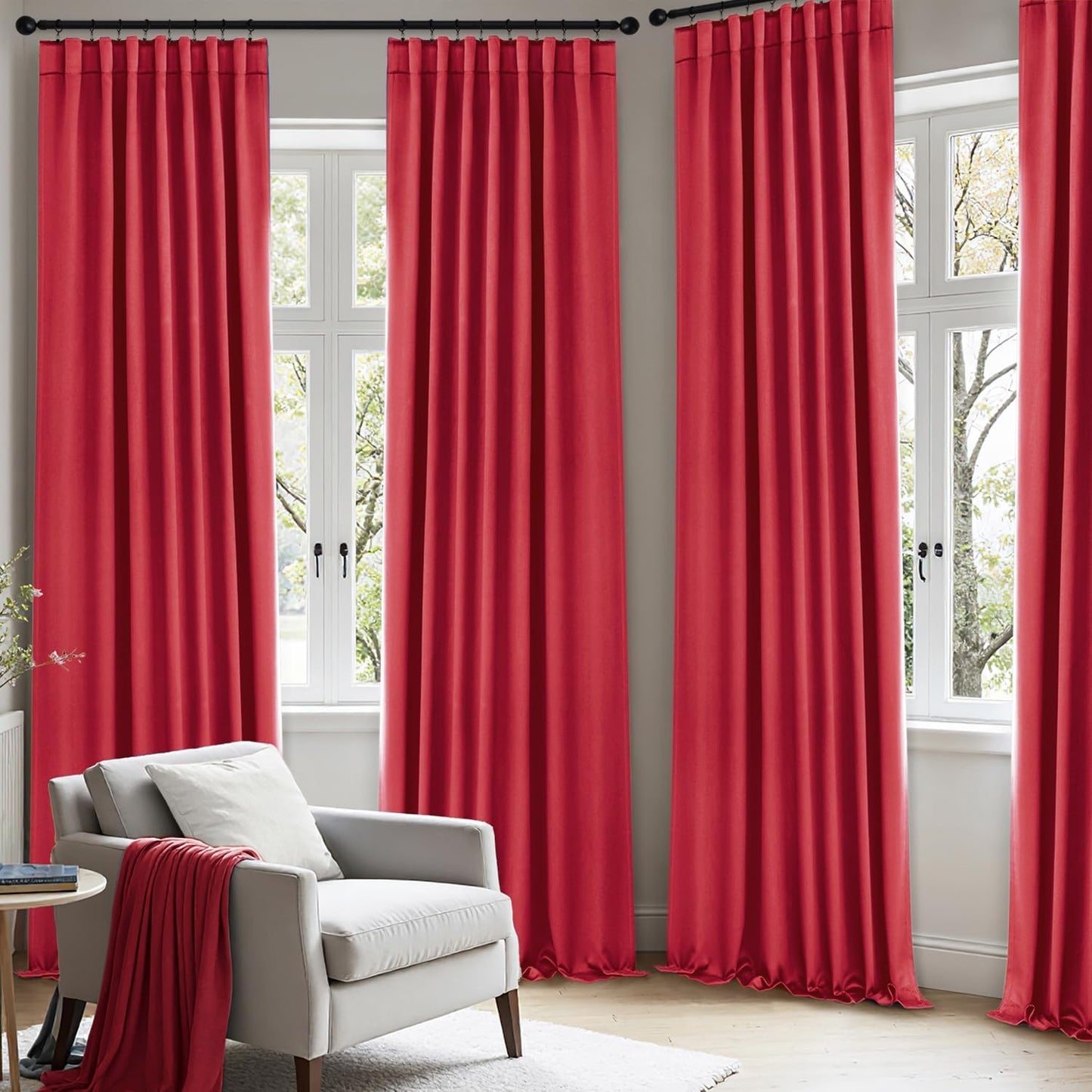 ANRODUO Back Tab Blackout Curtains for Bedroom Living Room, Rod Pocket Pinch Pleated Thermal Insulated Room Darkening Curtains 63 Inches Long 2 Panels, Red, 42 x 63 Inch