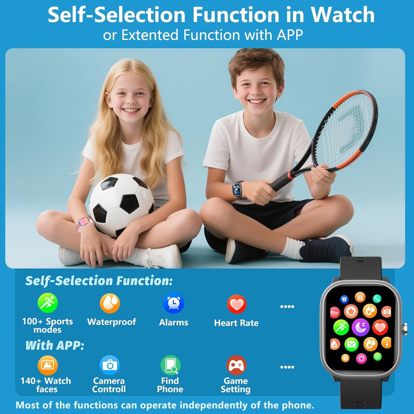 Kids Wach for Girls Boys 6-15 Year Old - Smart Watch for Kids 1.8" Fitness Tracker,No Phone Needed,Pedometer Sleep Monitor Heart Rate Waterproof,Puzzle Game for Girls Boys Teens Birthday Gift (Black)