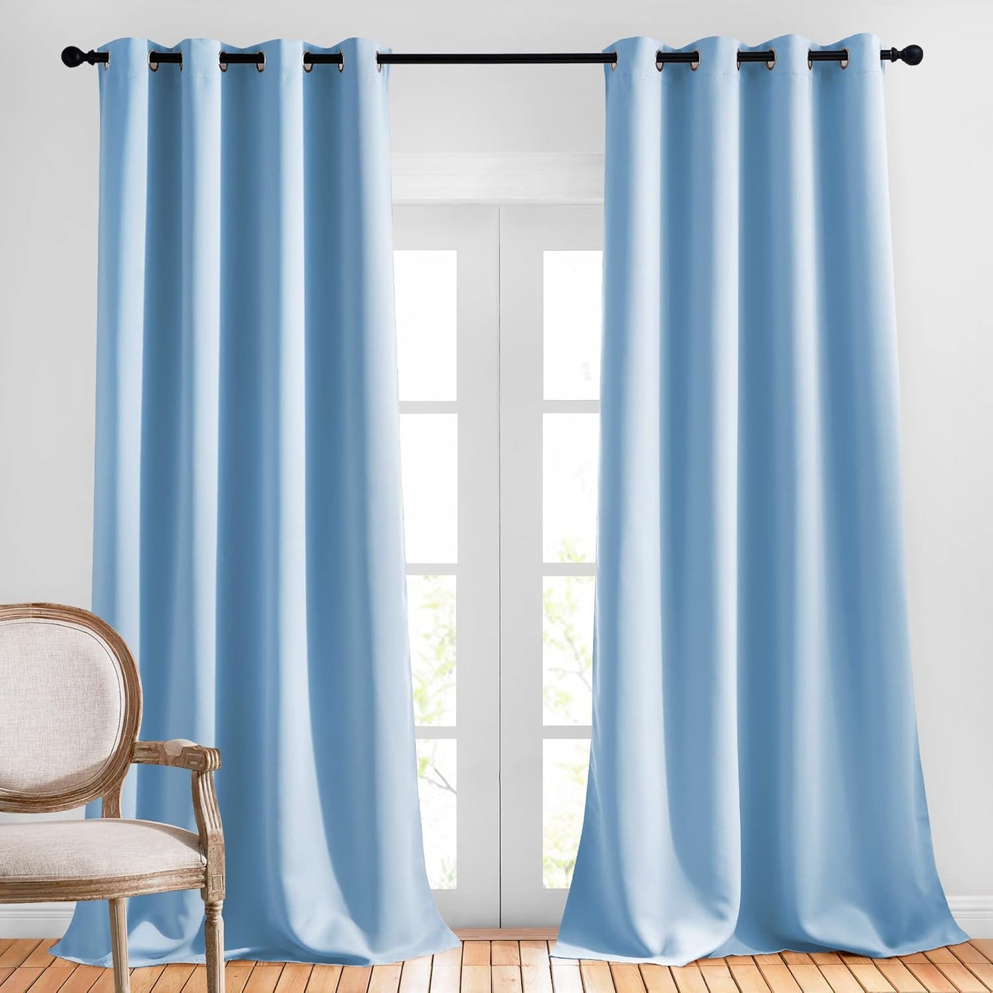 NICETOWN Room Darkening Curtains for Living Room, Grommet Window Treatment Thermal Insulated Solid Sound Reducing Drapes for Bedroom, Blue, Set of 2, W52 x L102