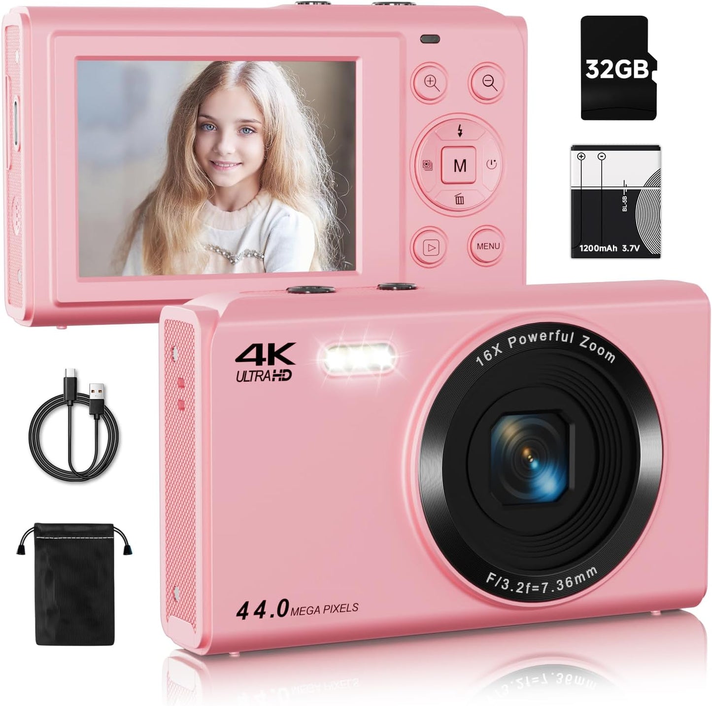 Upgrade Digital Camera, FHD 4K 44MP Autofocus Digital Point and Shoot Video Camera with 16X Zoom, 32GB SD Card, Compact Digital Camera Cheap for Teens Boys Girls Kids Pink Camera