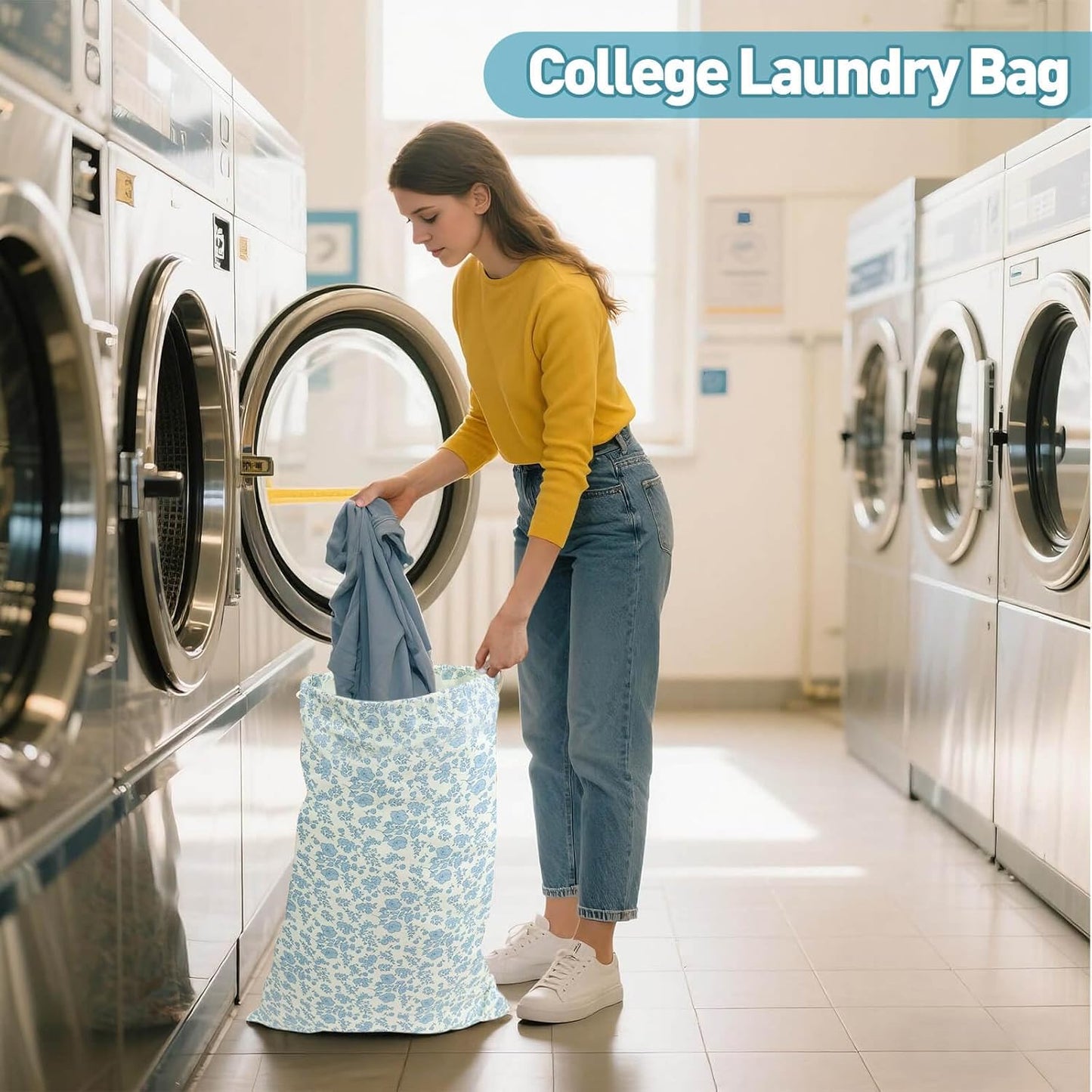 College Laundry Bag, Dirty Clothes Laundry Bag With Drawstring Handles For College Dorm Laundromat Apartment Travel Camp 29" X 18" Women Girls Back To School Birthdays Gift, Blue Florals