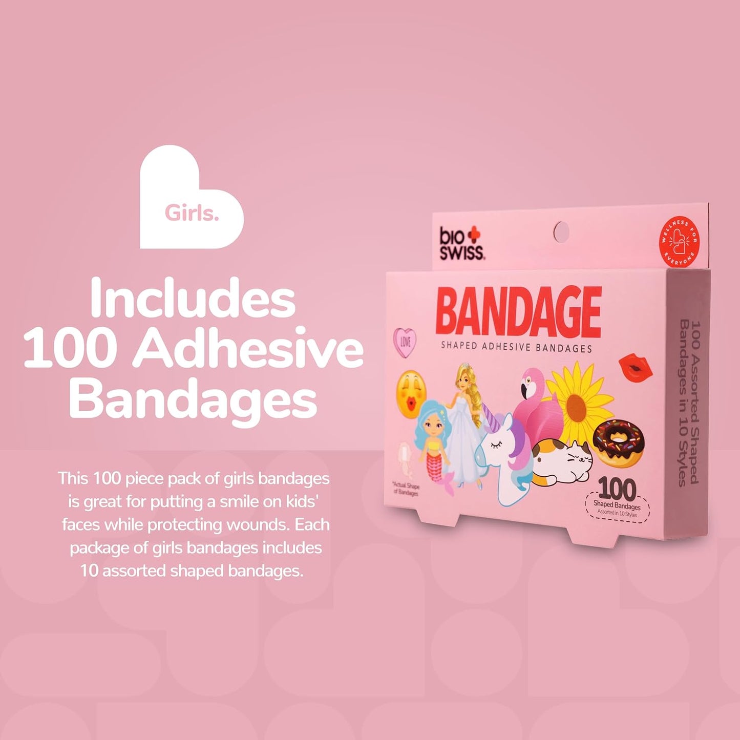 BioSwiss Bandages, Assorted Animal, Fun and Food Shaped Self Adhesive Bandage for Girls, Latex Free Sterile Wound Care, 100 Count