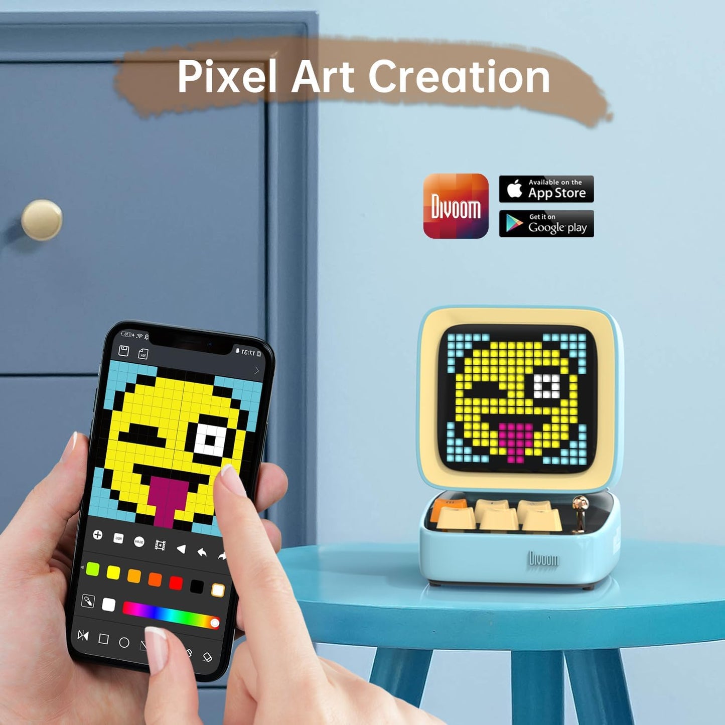 Divoom Ditoo Retro Pixel Art Game Bluetooth Speaker with 16X16 LED App Controlled Front Screen (Blue) …