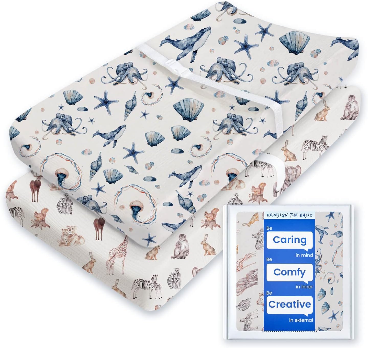 Extra Stretchy Changing Pad Cover, TotBasic Ultra Soft Premium Jersey Knit Changing Pad Sheets, Unisex for Boys Girls, Fits All Standard Changing Tables/Dresser Tops - 2 Pack (Ocean Pals + Wildlife)