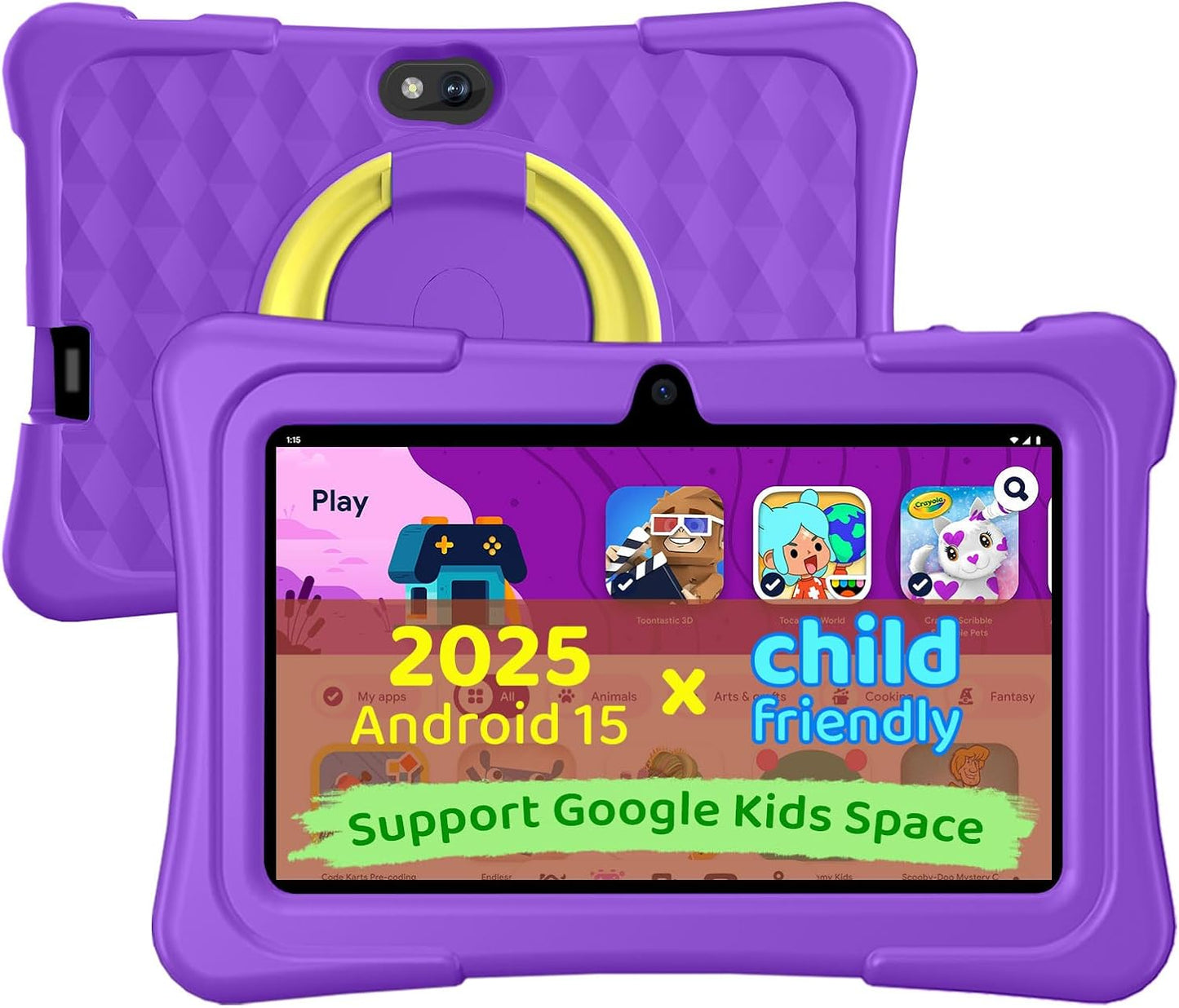 Kids Tablet, 7 inch Android 15 Tablet for Kids, 8GB+32GB 1TB Expand, Quad-Core Toddler Tablets with Shockproof Case, BT5.0, WiFi 5, Parental Control, Games, Dual Camera (Purple)
