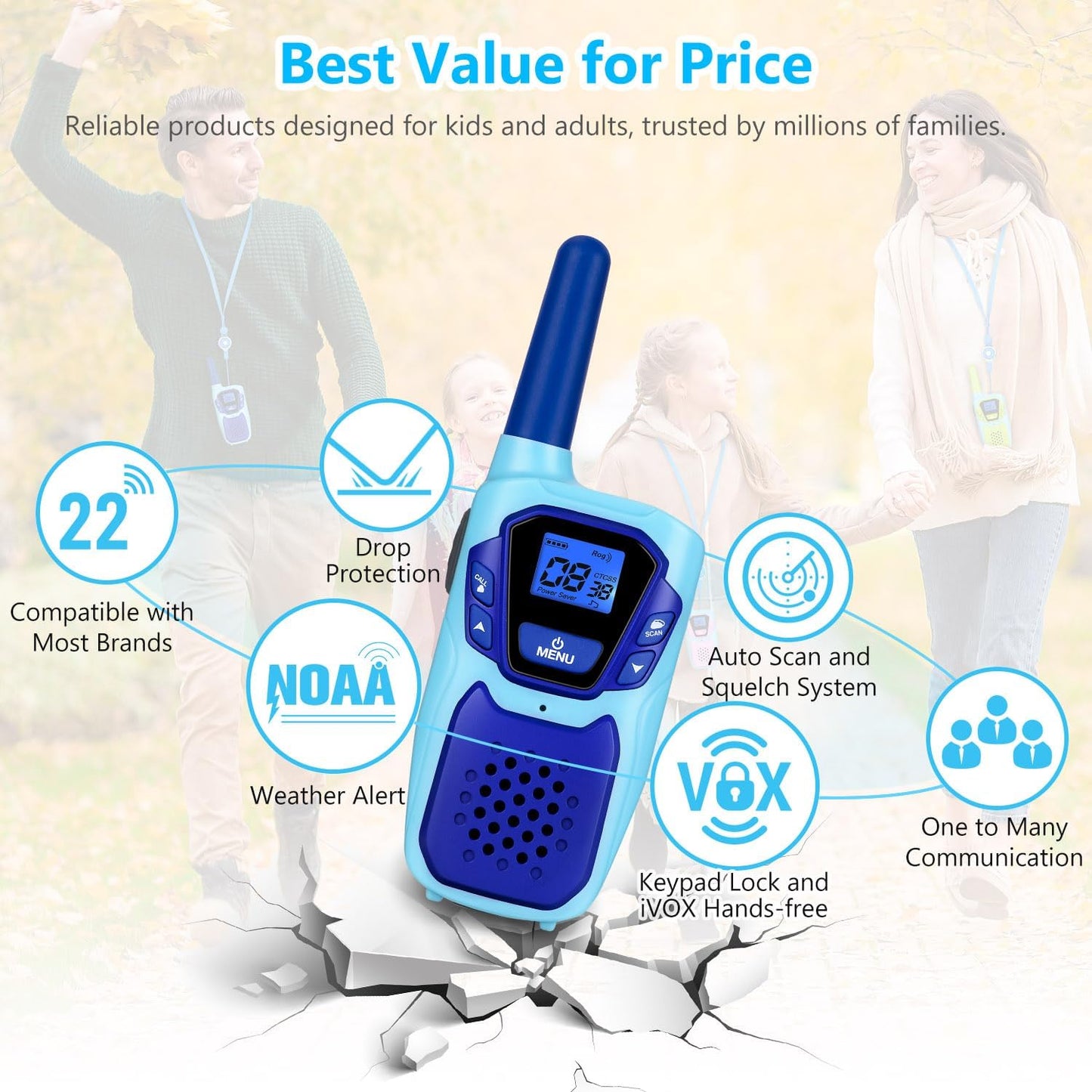 Walkie Talkies for Kids Rechargeable 4 Pack Walkie-Talkies Long Range 4 Miles NOAA FRS 2 Way Radio for Adults Camping Skiing Cruise, Family Adventure Toys for 3-12 Year Old Boys Girls Toddlers