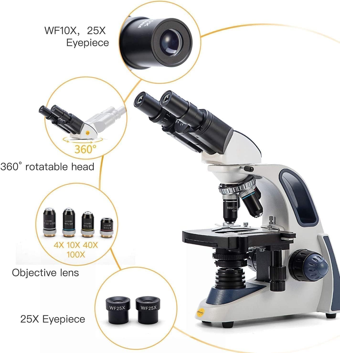 SWIFT SW380B Binocular Compound Microscope,40X-2500X with 1.3MP Camera,100pcs Microscope Slides,Microscope Kit for Students School Lab