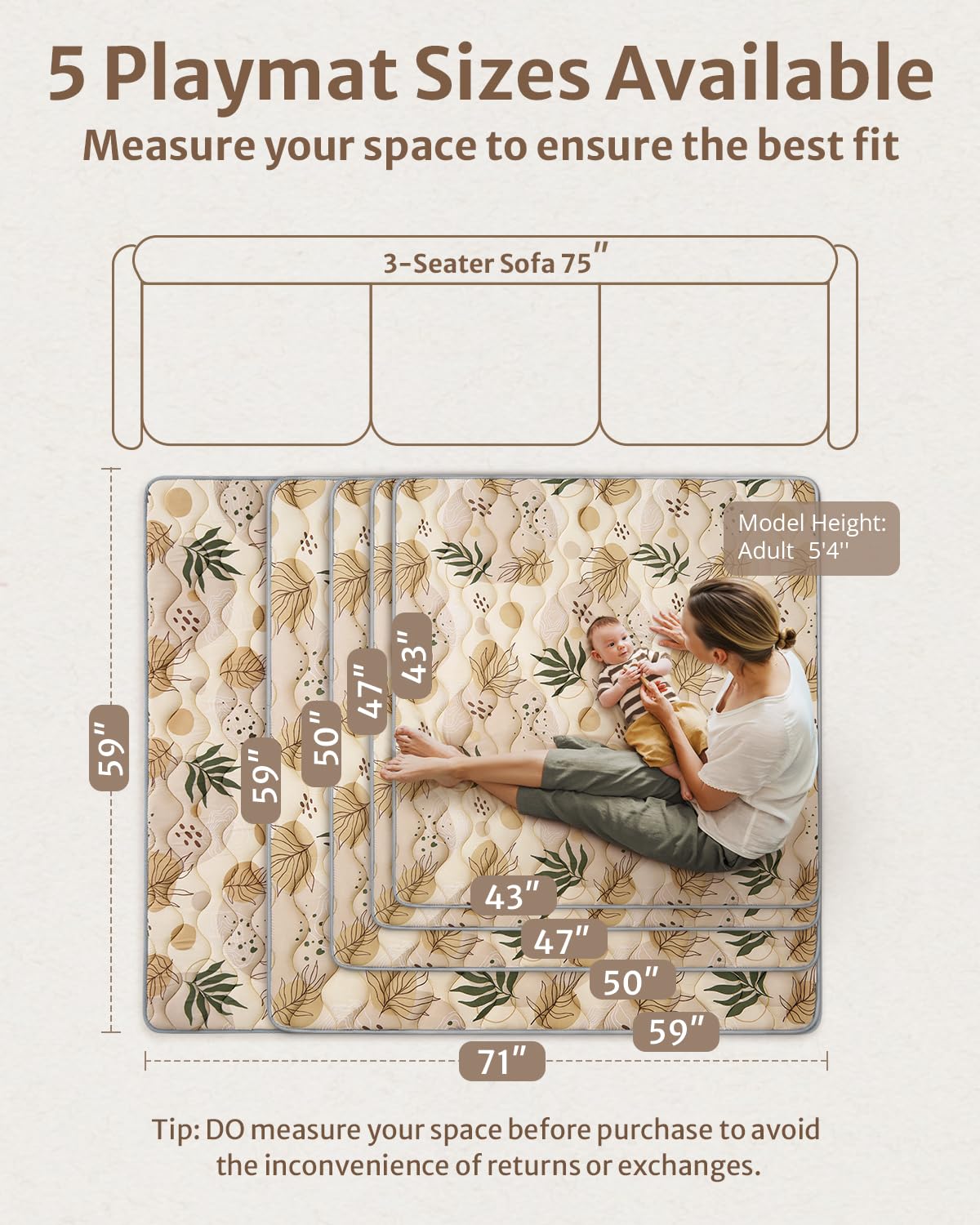 Blissful Diary Baby Play Mat, 47x47 Infant Play Mat for Playpen, Thicken Foam Cushioned Baby Mat for Floor, Non-Slip Kids Play Mat, Washable Baby Playmat for Babies,Toddlers, Earth Tones Design