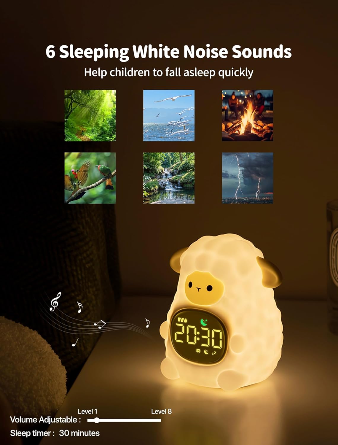 MASHI Sheep Alarm Clock, Toddler Sleep Training Clock with Sun & Moon, Sleep Sound Machine, Night Lights, Alarm Clock for Kids, Gift Ideas for Kids Child