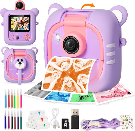 Kids Camera Instant Print, 7 Print Paper (4 Color: O/R/G/B+3 B&W), 2.4" Screen Instant Camera for Kids Ages 3-12,1080P, 180°Flip Lens,32GB Card- Christmas Birthday Present for Boys & Girls,M2