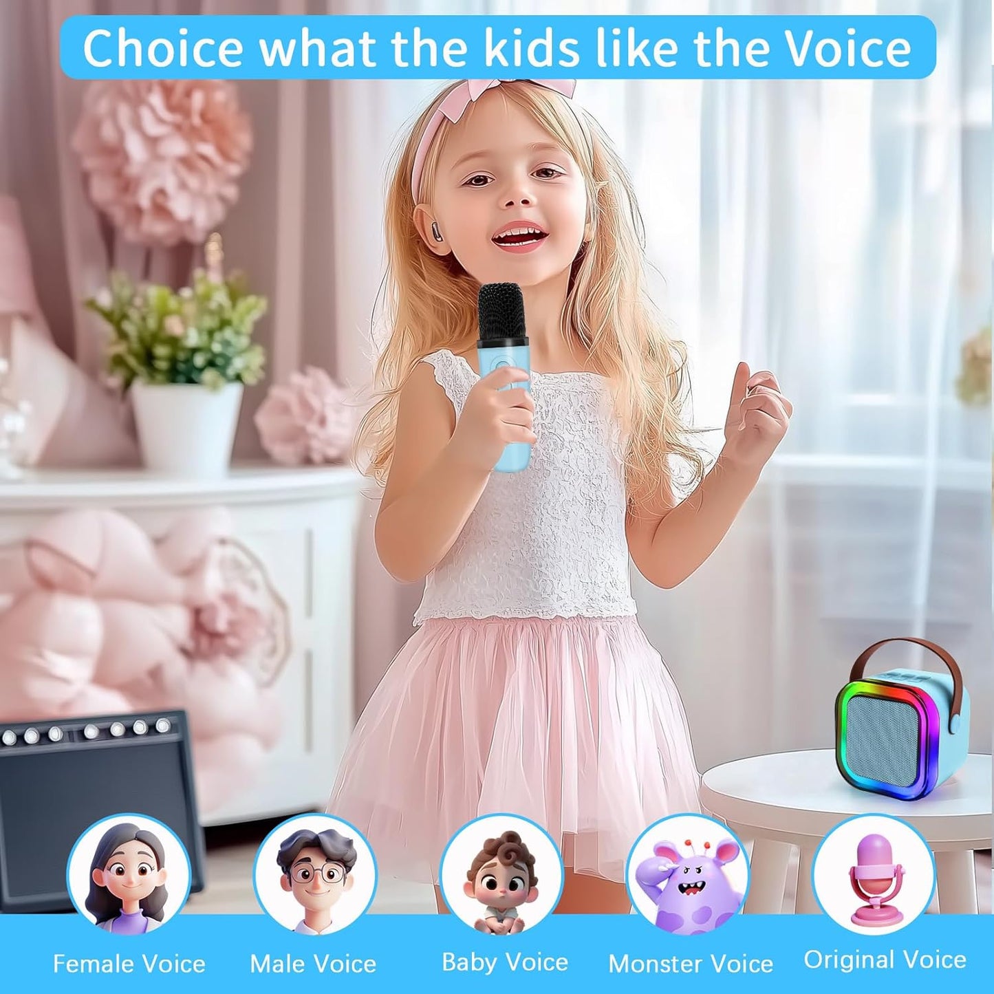 Mini Speaker with 2 Microphones,Kids Mini Karaoke Machine with Portable Speaker,3 LED Disco Lights,5 Funny Sound, Gift for Girl Boy Toddler Teen Adult Birthday Holiday Home Party-Blue